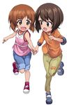  ashiwara_yuu bangs blue_footwear blue_shorts brown_eyes brown_hair brown_pants commentary_request denim denim_shorts eyebrows_visible_through_hair full_body girls_und_panzer happy highres holding holding_hands long_sleeves looking_at_viewer looking_back multiple_girls nishizumi_maho nishizumi_miho open_mouth orange_shirt pants pink_shirt popsicle_stick purple_footwear running shirt shoes short_hair shorts siblings simple_background sisters smile sneakers standing standing_on_one_leg tank_top white_background younger 