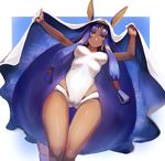  animal_ears breasts cameltoe dark_skin earrings fate/grand_order fate_(series) jackal_ears jewelry kakumayu long_hair looking_at_viewer md5_mismatch medium_breasts nitocris_(fate/grand_order) nitocris_(swimsuit_assassin)_(fate) one-piece_swimsuit purple_eyes purple_hair smile solo swimsuit very_long_hair 