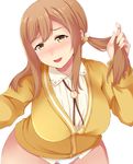  :d ako_suke alternate_hairstyle blush bolo_tie breasts brown_hair cardigan collared_shirt commentary_request eyebrows_visible_through_hair hair_between_eyes hair_bobbles hair_ornament highres holding holding_hair kunikida_hanamaru large_breasts leaning_forward long_hair long_sleeves looking_away love_live! love_live!_sunshine!! nose_blush open_mouth paw_print shirt simple_background smile solo twintails white_background white_shirt wide_hips wing_collar 