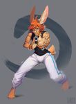 anthro boosterpang clothed clothing collar eyewear fighting_stance glasses kai_yun-jun lagomorph looking_at_viewer male mammal rabbit simple_background solo standing 