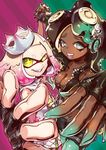  2girls bare_shoulders black_gloves blonde_hair breasts brown_hair cleavage collared_vest commentary_request crop_top cropped_vest crown dark_skin domino_mask dress fangs fingerless_gloves gloves gradient_hair green_eyes green_hair green_skin hands_up headphones high_collar highres hime_(splatoon) holding_hands iida_(splatoon) interlocked_fingers long_hair looking_at_viewer mask medium_breasts midriff mole mole_under_mouth multicolored multicolored_hair multicolored_skin multiple_girls navel_piercing octarian open_mouth pantyhose piercing pink_hair pink_pupils pose puppeteer7777 purple_hair short_dress short_hair shorts sleeveless sleeveless_dress smile sparkle splatoon_(series) splatoon_2 standing stomach striped striped_background striped_shorts teeth tentacle_hair unzipped upper_body vest yellow_eyes zipper zipper_pull_tab 