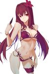  bad_anatomy bare_shoulders bikini bracelet breasts cleavage fate/grand_order fate_(series) highres hiko_(630090143) jewelry kunai long_hair medium_breasts navel purple_bikini purple_hair red_eyes scathach_(fate)_(all) scathach_(swimsuit_assassin)_(fate) simple_background solo swimsuit very_long_hair weapon white_background 