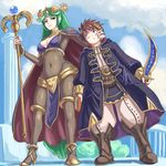  1girl absurdres boots breasts brown_hair cape cleavage cleavage_cutout cloak cosplay crossover day fire_emblem fire_emblem:_kakusei green_hair high_heels highres holding holding_sword holding_weapon kid_icarus my_unit_(fire_emblem:_kakusei) outdoors palutena pit_(kid_icarus) smile staff super_smash_bros. sword tharja tharja_(cosplay) weapon 