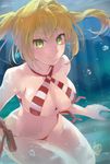  bangs bikini blonde_hair blush breasts cleavage closed_mouth commentary_request criss-cross_halter day fate/grand_order fate_(series) green_eyes hair_between_eyes hair_intakes halterneck highres large_breasts legs_together light_rays long_hair looking_at_viewer navel nero_claudius_(fate)_(all) nero_claudius_(swimsuit_caster)_(fate) red_bikini sidelocks smile solo striped striped_bikini submerged swimsuit thighs tomozero twintails underwater 