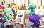  2girls :p aori_(splatoon) bad_id bad_pixiv_id bangs beanie bike_shorts black_pants black_shorts blonde_hair blue_hair blue_sweater blunt_bangs boots brown_footwear brown_hat canvas_(object) carton casual chair closed_eyes curtains domino_mask drawing easel eraser graphite_(medium) green_eyes green_hair green_pants green_tongue hat holding holding_pencil indoors inkling jellyfish_(splatoon) long_sleeves mask milk multicolored_sweater multiple_boys multiple_girls pants pencil pointy_ears red_eyes red_hair riko_(sorube) scrunchie shirt shorts sitting splatoon_(series) splatoon_2 squid sweater t-shirt tentacle_hair tongue tongue_out traditional_media white_shirt 