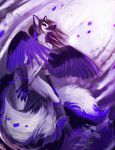  2013 5_fingers anthro black_nose blue_eyes brown_hair canine feathered_wings feathers featureless_crotch fur hair male mammal purple_feathers scar solo tatchit white_fur wings wolf 