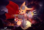  2017 anthro armor blush cape claws clothing cute eeveelution fan_character flareon jumping lava male mountain nintendo paws pok&eacute;mon senz suit video_games weapon 