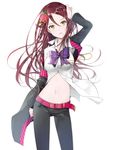 absurdres belt black_pants bow bowtie brown_hair contrapposto floating_hair flower guilty_kiss_(love_live!) hair_between_eyes hair_flower hair_ornament hand_on_head hand_on_hip head_tilt highres kowareyasuki long_hair love_live! love_live!_sunshine!! midriff nangolf navel open_clothes open_shirt pants parted_lips purple_bow purple_neckwear red_flower sakurauchi_riko shirt simple_background solo standing stomach very_long_hair white_background white_shirt yellow_eyes 