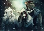  anthro black_hair black_nose blue_eyes brown_eyes brown_hair canine clothed clothing ear_piercing fox fur grey_fur group hair looking_at_viewer male mammal piercing snow tatchit white_fur wolf 