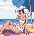  1girl beach breasts cleavage dankodeadzone furry leggy_lamb sheep solo sunglasses 