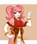  absurdres fire fire_emblem fire_emblem_echoes:_mou_hitori_no_eiyuuou gloves highres looking_at_viewer mae_(fire_emblem) magic pink_hair red_hair simple_background smile solo twintails 