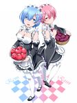  apple apron back-to-back bakuchiku bangs basket black_ribbon blue_eyes blue_hair blunt_bangs blush breasts bucket character_name checkered checkered_floor cleavage closed_mouth collar detached_collar detached_sleeves eyebrows_visible_through_hair floor food frilled_collar frilled_hairband frilled_sleeves frills from_above fruit full_body hair_between_eyes hair_ornament hair_over_one_eye hairband highres holding large_breasts long_sleeves looking_at_viewer maid maid_apron maid_headdress multiple_girls open_mouth pantyhose pink_eyes pink_hair pink_ribbon purple_ribbon ram_(re:zero) re:zero_kara_hajimeru_isekai_seikatsu rem_(re:zero) ribbon ribbon-trimmed_clothes ribbon_trim shoes short_hair siblings simple_background sisters small_breasts smile sweet_potato teeth tile_floor tiles tongue twins underbust upper_teeth white_background white_legwear wide_sleeves x_hair_ornament 