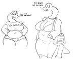  2017 aged_up anthro artbyyellowdog bag big_breasts big_thighs blush breasts cartoon_network cleavage clothed clothing collar denim_shorts digital_media_(artwork) dinosaur dress english_text eyes_closed female hi_res hooves lipstick makeup midriff molly_collins monochrome navel overweight pose short_tail shorts side_boob simple_background sketch solo standing text the_amazing_world_of_gumball thigh_clothing white_background wide_hips 