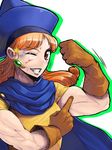  ;) alena_(dq4) bangs biceps blood blood_on_face blue_cape blue_hat blush breasts brown_gloves cape clenched_hand curly_hair dragon_quest dragon_quest_iv earrings eyebrows_visible_through_hair gem gloves grin hat jewelry long_hair looking_at_viewer misonou_hirokichi muscle muscular_female one_eye_closed orange_hair outline pointing red_eyes short_sleeves simple_background sketch smile solo star teeth upper_body white_background 