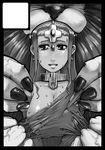  1girl armlet black_border blood blush border breasts circle_cut circlet claws collar collarbone dragon_quest dragon_quest_iv earrings eyebrows greyscale jewelry large_breasts long_hair looking_at_viewer minea misonou_hirokichi monochrome open_mouth smile sweat tearing_clothes torn_clothes upper_body 