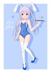  animal_ears arm_up bad_id bad_pixiv_id bare_shoulders blue_leotard bunny_ears bunnysuit character_name covered_navel fake_animal_ears full_body gotou_jun hachimogu holding leotard long_hair one_side_up open_mouth purple_eyes purple_hair ribbon shoes smile solo standing standing_on_one_leg strapless strapless_leotard tenshi_no_3p! thighhighs tray white_legwear 