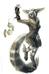  anthro blue_eyes breasts clothing featureless_breasts female fingerless_gloves fur gloves grey_fur hair lemur mammal navel primate simple_background solo standing tatchit white_background white_hair 
