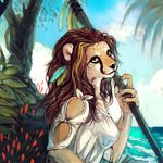  4_fingers anthro black_nose breasts brown_hair cheetah clothed clothing day feline female hair looking_at_viewer mammal outside shore sky solo tatchit 