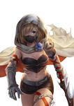  artist_name belt black_shorts blonde_hair blood breasts chain chaos_ruler_(granblue_fantasy) cleavage cloak commentary djeeta_(granblue_fantasy) face_mask gauntlets granblue_fantasy highres holding holding_sword holding_weapon looking_at_viewer mask medium_breasts midriff natsuyu navel short_hair short_shorts shorts signature simple_background solo sword weapon white_background yellow_eyes 