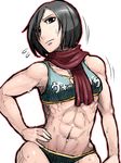  abs black_eyes black_hair blush breasts closed_mouth clothes_writing flying_sweatdrops hand_on_hip head_tilt looking_at_viewer mikasa_ackerman misonou_hirokichi muscle muscular_female navel outline red_scarf scarf shingeki_no_kyojin short_hair simple_background sketch solo sweat white_background 