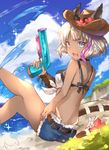  alternate_costume animal_ears beach bikini_top blue_eyes chloe_(granblue_fantasy) day denim denim_shorts ears_through_headwear erune fang fang_out flower granblue_fantasy hat highres multicolored_hair ocean outdoors purple_hair sand short_hair shorts sweetroad swimsuit tan two-tone_hair water_gun white_hair 