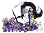  anthro black_fur clothed clothing dress eyes_closed female flower fur hair leaf mammal nightshade_(flower) plant sandy_schreiber simple_background skunk solo white_background white_fur white_hair 