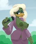  anthro avian bird blonde_hair breasts clothed clothing duck female hair holding_microphone komponi nipples smile solo wide_hips 