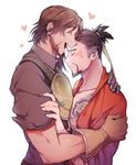 artist_name bad_id bad_pixiv_id blush brown_gloves brown_hair closed_eyes facial_hair facing_another gloves hanzo_(overwatch) highres male_focus mccree_(overwatch) mechanical_arm multiple_boys open_mouth overwatch panza profile single_glove sweatdrop tattoo yaoi 