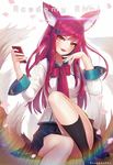  academy_ahri ahri alternate_hair_color animal_ears bad_id bad_pixiv_id black_legwear facial_mark fox_ears fox_tail hair_ornament hairclip hanato_(seonoaiko) heart heart_hair_ornament league_of_legends lips long_hair looking_at_viewer multiple_tails red_hair school_uniform sitting skirt solo tail whisker_markings white_background yellow_eyes 