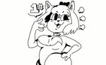  anthro big_breasts bow bra breasts cat clothed clothing cute fangs feline female gats hair mammal monochrome simple_background slightly_chubby smile solo standing sugar_(gats) text underwear white_background 