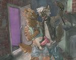  2017 anthro back_alley balls clothed clothing detailed_background duo erection fur hair humanoid_penis hyena male male/male mammal night open_mouth outside penis piercing ryff shekh sicklyhypnos smile standing tongue traditional_media_(artwork) 