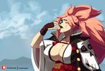  alcohol amputee baiken breasts cel_shading cleavage closed_eyes commentary cup drinking eyepatch guilty_gear guilty_gear_xrd highres huge_breasts japanese_clothes kimono long_hair morganagod no_bra official_style one-eyed open_clothes open_kimono pink_hair ponytail sakazuki sake scar scar_across_eye solo 