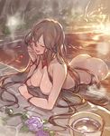  :d arm_support ass bathing blush breast_rest breasts brown_hair bucket chin_rest choker closed_eyes collarbone flower granblue_fantasy hair_between_eyes highres jewelry kakage large_breasts long_hair necklace nose_blush nude onsen open_mouth outdoors partially_submerged petals plant rosetta_(granblue_fantasy) sidelocks sketch smile solo steam very_long_hair vines wet 