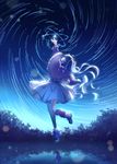  arm_up blue blue_hair bush capelet constellation_print detached_sleeves from_side full_body fuyu_no_yoru_miku haneru hatsune_miku highres long_hair loose_socks mismatched_legwear night night_sky outdoors profile reflection single_thighhigh sky socks solo star_(sky) star_trail starry_sky striped striped_legwear thighhighs twintails vertical-striped_legwear vertical_stripes very_long_hair vocaloid water 