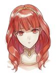  akke bangs blunt_bangs celica_(fire_emblem) earrings fire_emblem fire_emblem_echoes:_mou_hitori_no_eiyuuou hairband jewelry jpeg_artifacts long_hair looking_at_viewer parted_lips portrait red_eyes red_hair signature simple_background solo white_background 