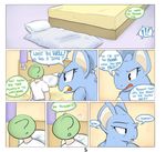  2017 adequality angry anon anthro bed bed_sheet bedding blue_body blush comic confusion dialogue disappointed duo english_text eyelashes female green_skin half-closed_eyes horn hotel human inside lamp lying male mammal nidoqueen nintendo on_floor pillow pok&eacute;mon queenie_(shoutingisfun) scalie shoutingisfun slightly_chubby text tsundere video_games 