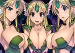  &gt;:) 3girls :d blonde_hair blue_eyes breast_press breasts center_opening cleavage closed_mouth collarbone commentary_request d: earrings eyebrows_visible_through_hair forehead_jewel gem helmet jewelry large_breasts long_hair looking_at_viewer multiple_girls multiple_persona open_mouth parody riesz seiken_densetsu seiken_densetsu_3 shoulder_armor sidelocks smile spaulders upper_body v-shaped_eyebrows winged_helmet zable_fahr 