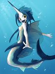  1girl female fins looking_back mermaid monster_girl no_nipples open_mouth original solo swordfish twitter_username underwater water yamanobe 