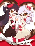  adapted_costume aori_(splatoon) bad_id bad_pixiv_id black_hair black_jumpsuit blush_stickers breasts brown_eyes cleavage cousins domino_mask dress earrings fangs gloves grin hair_ornament happy_valentine heart heart_hair_ornament heart_hands hotaru_(splatoon) jewelry long_hair looking_at_viewer mask medium_breasts mole mole_under_eye multiple_girls neck_ribbon one_eye_closed open_mouth pantyhose red_legwear ribbon riko_(sorube) short_dress short_hair short_jumpsuit shorts shorts_under_dress silver_hair smile splatoon_(series) standing symmetrical_hand_pose tentacle_hair thighhighs valentine white_dress white_gloves white_shorts 