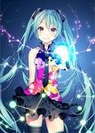  aqua_hair arm_behind_back black_legwear black_neckwear blurry closed_mouth cowboy_shot depth_of_field hatsune_miku long_hair looking_at_viewer multicolored_shirt necktie purple_eyes shiomizu_(swat) skirt sleeveless smile solo splatter_print tell_your_world_(vocaloid) thighhighs twintails very_long_hair vocaloid zettai_ryouiki 