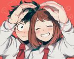  1girl ^_^ bad_id bad_pixiv_id blush boku_no_hero_academia brown_hair closed_eyes closed_mouth collared_shirt green_eyes green_hair heart heart_arms_duo long_sleeves looking_at_viewer midoriya_izuku necktie nervous qin_(7833198) red_neckwear scar school_uniform shirt sweat teeth u.a._school_uniform upper_body uraraka_ochako 