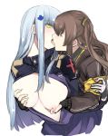  2girls armband bangs black_jacket blunt_bangs breast_grab brown_hair fingerless_gloves girls_frontline gloves grabbing highres hk416_(girls_frontline) jacket kiss long_hair multiple_girls nipple_tweak open_clothes open_shirt saliva silver_hair tongue tongue_out u_nagidon ump45_(girls_frontline) upper_body yellow_eyes yuri 