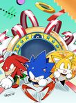  absurdres black_eyes furry highres jewelry knuckles_the_echidna male_focus multiple_boys posojo123 ribbon ring running sonic sonic_mania sonic_the_hedgehog tails_(sonic) 