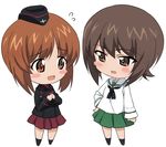  ashiwara_yuu bangs black_hat black_jacket black_legwear black_neckwear blouse blush_stickers brown_eyes brown_hair chibi cosplay costume_switch dress_shirt eyebrows_visible_through_hair flying_sweatdrops full_body garrison_cap girls_und_panzer green_skirt hand_on_hip hat jacket kuromorimine_military_uniform long_sleeves looking_at_another military military_hat military_uniform multiple_girls neckerchief nishizumi_maho nishizumi_miho ooarai_school_uniform open_mouth pleated_skirt red_shirt red_skirt school_uniform serafuku shirt short_hair siblings side-by-side simple_background sisters skirt smile socks standing uniform white_background white_blouse 