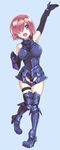  aqua_background armor blue_footwear blue_gloves blue_leotard boots elbow_gloves fate/grand_order fate_(series) full_body gauntlets gloves greaves hair_over_one_eye halterneck leotard looking_at_viewer mash_kyrielight oono_imo open_mouth purple_eyes purple_hair short_hair simple_background smile solo standing standing_on_one_leg thigh_boots thighhighs waving 