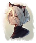  animal_ears black_dress cat_ears dress eyebrows_visible_through_hair face green_eyes hair_between_eyes hairband koyorin light lips looking_at_viewer mole mole_under_mouth nier_(series) nier_automata no_blindfold parted_lips short_hair simple_background solo turtleneck upper_body white_hair yorha_no._2_type_b 