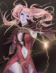  armor bad_id bad_tumblr_id black_background black_sclera breasts cleavage cleavage_cutout dark_persona electricity fire_emblem fire_emblem_echoes:_mou_hitori_no_eiyuuou fire_emblem_gaiden gloves glowing glowing_eyes highres mae_(fire_emblem) magic navel_cutout pink_hair purple_skin shoulder_armor simple_background thighhighs twintails undead 