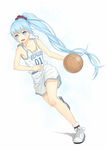  anarchojs ball basketball blue_eyes blue_hair copyright_name full_body hatsune_miku highres long_hair open_mouth ponytail shoes shorts simple_background sneakers solo very_long_hair vocaloid white_background 