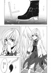 boots bow comic feathered_wings greyscale high_heel_boots high_heels highres jacket kakao_(noise-111) kishin_sagume monochrome single_wing skirt tail tapir_tail touhou translated wings 