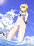  3girls bikini blonde_hair blue_hair blush breasts hinata_yukari ichii_yui medium_breasts multiple_girls navel nonohara_yuzuko ocean pink_hair sky white_bikini yellow_eyes yuyushiki 